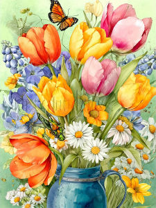 Huacan Full Square Round Drill Diamond Painting Tulip Daisy Vase Diamond Mosaic Flower Art Decorative Paintings