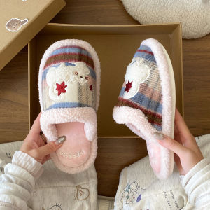 Non-Slip Cotton Slippers Womens Thick Bottom Home Shoes Warm Outdoor Wearable Fleece Lined Roman Style Flat Heel Slippers