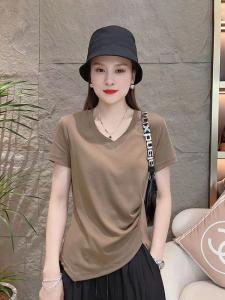 Stylish Pure Cotton Pleated Short Sleeve round Neck Top Korean Style Slim Fit Summer New Arrival Womens T-shirt Beautiful Small Shirt