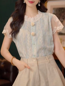 Shalldoer | Fresh Style Lace Splice Short Sleeve Shirt Womens Fashionable Versatile Summer Top Ageless Elegant Casual Straight Cut Blouse