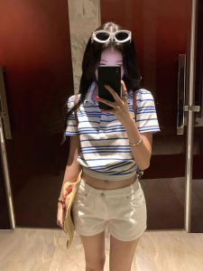 YUEZHONGWEI | Slim Fit American Style Short Sleeve Polo Shirt Womens Summer Blue Striped Turn-down Collar T-shirt Commute Style Korean Version