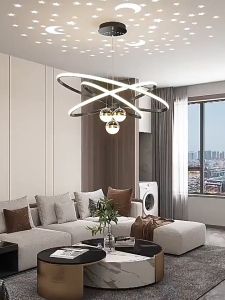 โคมไฟระย้า LED 3 วงแหวน ดีไซน์ทันสมัย ​​โคมไฟเพดานแบบฉายดาว 3 สี หรี่แสงได้ อะคริลิกตกแต่งแบบสร้างสรรค์ สำหรับห้องนั่งเล่น ห้องอาหาร ห้องนอน คาเฟ่