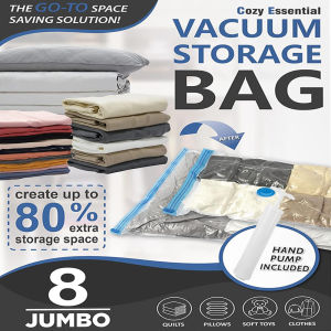 Vacuum Storage Bags for Clothes Space Saving Compression Storage Bags with Hand Pump Heavy Duty Stackable Jumbo Size Clear