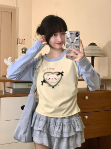 เสื้อยืดแขนยาวลายแมวสุดน่ารักสำหรับผู้หญิง เสื้อเชิ้ตทรงเข้ารูปสั้นสไตล์ฤดูใบไม้ผลิ ผ้าฝ้ายผสมยางยืด คอกลม ลายการ์ตูน