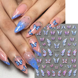 1Pcs 5D Embossed Butterfly Nail Stickers Blue Purple Gradient Wing Butterflies Nails Decals Self-Adhesive Manicure Decorations 1
