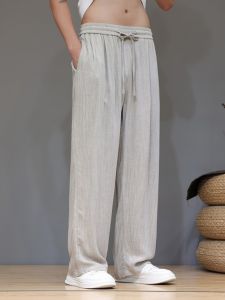 Mens Summer Thin Silk Straight Leg Pants Loose Wide Leg Casual Long Trousers Breathable Linen Loose Fit Classic Style