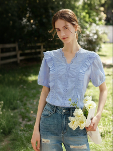 INMAN | V Neck Short Sleeve French Design Puff Sleeves Blouse