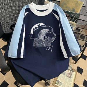 Trendy Patchwork Short Sleeve Loose Fit Mens T-Shirt Summer Versatile Casual Print round Neck Top for Youth Daily Wear