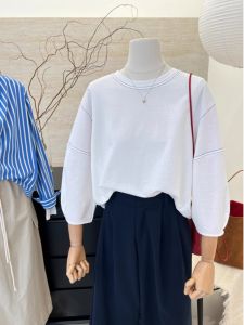 Bright Line Stylish Niche Style Three-Quarter-Length-Sleeved T-shirt Womens Spring and Autumn K-style Loose Slim Looking Bottoming Shirt Bishop Sleeves Top