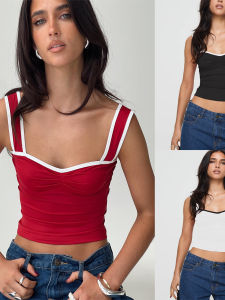 Casual Pleated Slim Fit Patchwork Vest Short Style Pure Color Streetwear for Young Women in Their 20s Summer Season