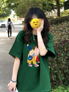 plus Size Womens Cotton T-Shirt Loose Fit Short Sleeve Green Color Summer Casual Style round Neck Print Design Korean Fashion