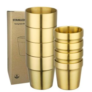 Set of 4 Stainless Steel Cups 300ml 175ml Gold Drinking Cup Stackable Double Wall Metal Glasses for Home Restaurant Party School