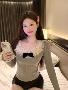 Womens Knitted Butterfly Knot Top Lace Base Layer Christmas Sweater Spring Autumn Pure Desire Lotus Leaf Edge Inner Wear