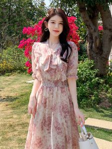 French Floral Chiffon Dress Womens Summer 2024 New High Waist Slimming Long Skirt Casual Style Polyester Fiber Short Sleeve