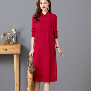 plus Size Autumn Winter Woolen Womens Midi Knitted Dress Loose Lunar New Year Red Sweater Dress Straight Cut Long Sleeve round Neck