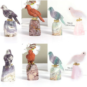 Artistone Hand-Carved Parrot Statue Bird Figurine Natural Stone Healing Crystal Rainbow Fluorite Bird Craft for Home Car Desktop Office Decoration Gift
