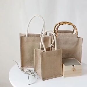 Retro Natural Burlap Solid Color Tote Bag with Soft Cotton Handles Reusable Shopping Jute HandBag
