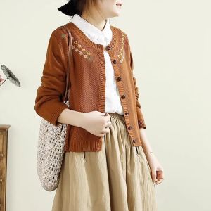 ฤดูใบไม้ผลิ ฤดูใบไม้ร่วง แขนสั้นคอกลมถัก ผ้าฝ้าย ด้ายเปิด คาร์ดิเกน ผู้หญิงปักบาง เสื้อสเวตเตอร์ ด้านนอก หลวม สีบริสุทธิ์ เสื้อแจ็คเก็ต แขนยาว