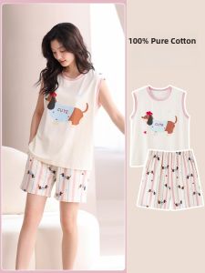 Miiow | Pure Cotton Summer Sleepwear Womens Sleeveless Vest Shorts Sweet Cute Plus Size Loose Home Clothes Set For Young Girls