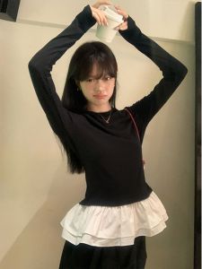 Ballet Style Ruffle Splice Long Sleeve T-Shirt Womens Slim Fit Base Shirt Top Korean Version Creative Pattern Quick Dry