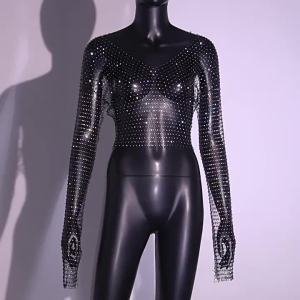 wish Nightclub Fishnet See-through Rhinestone V Collar Blouse Long Sleeve Top XY21260