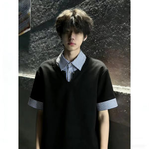 OUMULONG | Polo Placket Short Sleeve T-Shirt Mens Summer Style