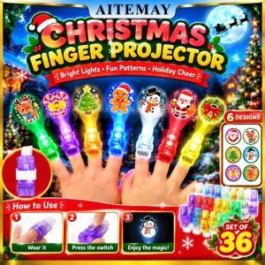 Aitemay 36PCS Christmas Finger Projector Light LED Glow Ring Toy 6 Designs Santa Reindeer Snowman Party Favors Kids Xmas Gift Stocking Stuffers