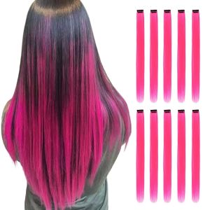 10 PCS Long Straight Synthetic Black Hair Extensions Clip in 22 Inch Colored Party Highlights Hairpieces for Women Kids Girls