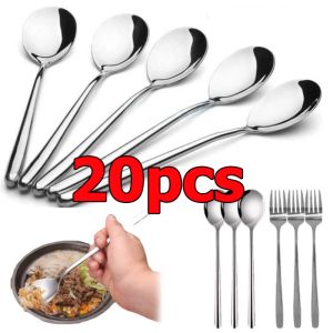 20pcs Stainless Steel Leaf Dessert Spoon Fork / INS Fruit Cake Forks / Long Handle Coffee Stirring Spoons / Large Capacity Rice Soup Spoon / Durable Kitchen Tableware