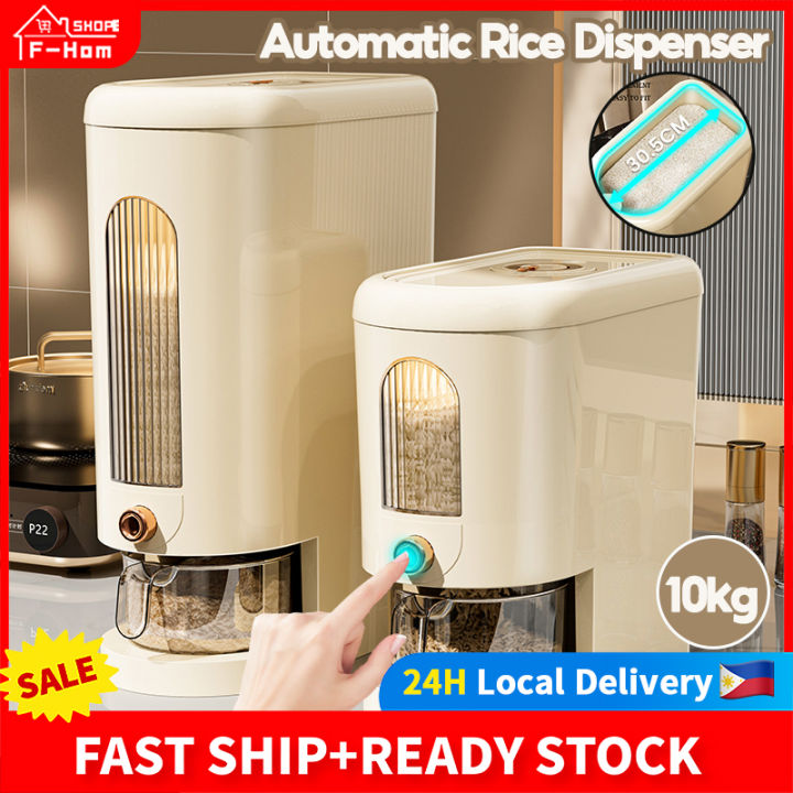 Fortune Home Rice bucket 5kg/10KG Automatic Rice Dispenser Storage Grain Dispenser Box With Measuring Cup Push Type Grain Food Storage Dispenser Sealed Rice Bucket Kitchen Moisture Proof Rice Barrel