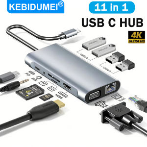 Kebidumei | USB C HUB 11-in-1 Docking Stations Type C to 4K HDMI Adapter USB 3.0 5Gbps Splitter Adapter With PD RJ45 Card Reader For PC
