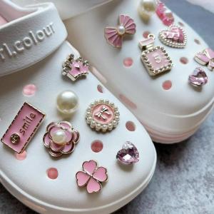 DIY Pink Shoe Charms Set Including Diamond Pearl Rhinestone Detachable Chain Buckle Girls Decoration