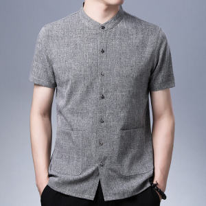 TUCANO Mens Cotton Linen Shirt Short Sleeve Summer Ice Silk Stand Collar Business Casual Fashion Urban Style Standard Fit