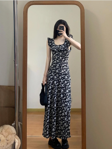 Váy Dài Xếp Ly Họa Tiết Hoa Màu Đen Kiểu Pháp Cạp Cao Cho Nữ Mùa Hè Váy Dài Không Tay Cổ Tròn Dáng Chữ a