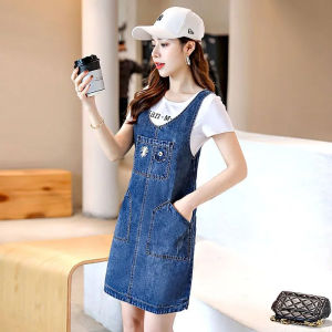 ชุดเดรสยีนส์ทรงเอเข้ารูปสำหรับผู้หญิง เดรสยาวคลุมเข่าแขนกุด ผ้าฝ้ายผสมโพลีเอสเตอร์ ฤดูร้อน 2024