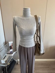 Soft Basic High Neck Fitted Long Sleeve Womens T-shirt Korean Style Pure Color Top Autumn New Arrival Slimming Base Shirt