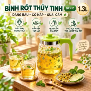 Bình Rót Thủy Tinh Dáng Bầu BRN15 1.3L Có Nắp Và Quai Cầm R396E In Hoa Cao Cấp