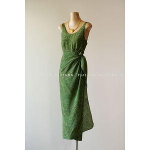 Silk Wrap Waist Gown Square Collar Sleeveless Dress Spring Summer Women High Waist Floral Print Halter Neck Gown Belted Waist