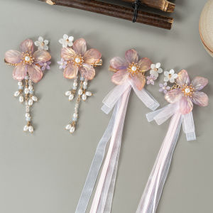 Princess Style Childrens Ancient Chinese Purple Smoke Encircling Powder Hair Accessories Set Hair Crown Hair Clips Flowing Ribbon