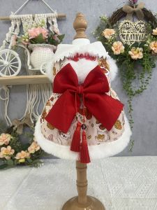 Meow Cute Pet Original Pet Dog Clothes Autumn and Winter New Fleece-Lined Warm New Year Clothes Cat Dress Teddy Bichon