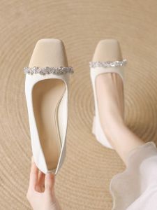 Qingyun Genuine Leather French Thick Heel Single Shoes Womens New Square Head Versatile Cheongsam Skirt Small Fragrance Wind Bridesmaid Shoes