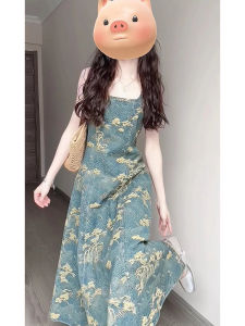 Summer New Chinese Style Floral Embroidery Long Dress Womens Vintage Denim Print Heavy Work Dress Elegant Ladylike Gown