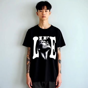 Boxy Fit Kaos Oversized Tshirt LIFE Black White Pria Dan Wanita Kaos Aestethic Cotton 24s