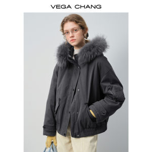 VEGA CHANG | Áo Khoác Lông Vũ 90% Vải Bông Vịt Trắng có Cổ Lông Xám