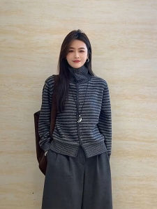 XUECAIQI | French Style Irregular High Neck Stripe Soft Comfortable Knit Sweater