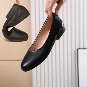รองเท้าคัทชูผู้หญิงปากตื้นหัวกลมส้นเตี้ยพื้นแบนไม่เหนื่อยเป็นเวลานานรองเท้าทำงานรองเท้าแอร์โฮสใส่ทำงานรองเท้าหนังคุณแม่ไซส์ใหญ่