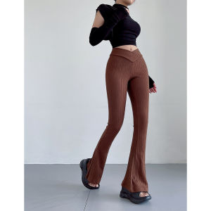 Liviahome High Waist Knitted Wide Leg Pants Womens Winter Elastic Slim Fit Bodycon Long Trousers Street Style Casual Pants