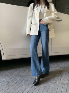 ALOHA LU | Quần Jeans Ống Loe Cạp Cao Phong Cách Hàn Quốc