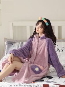 MiiOW | Áo choàng lông cừu dài MiiOW cho nữ Áo khoác ngoài dày dặn mùa thu đông Áo khoác lông cừu coral có mũ trùm đầu Áo ngủ mặc nhà