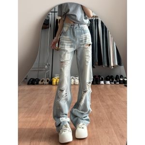 Quần Jeans Denim Ống Rộng Cạp Cao Cho Nữ Quần Dài Đến Sàn Kiểu Dáng Rộng Rãi Có Lỗ Xé Quần Jeans Denim Dài Cho Nữ